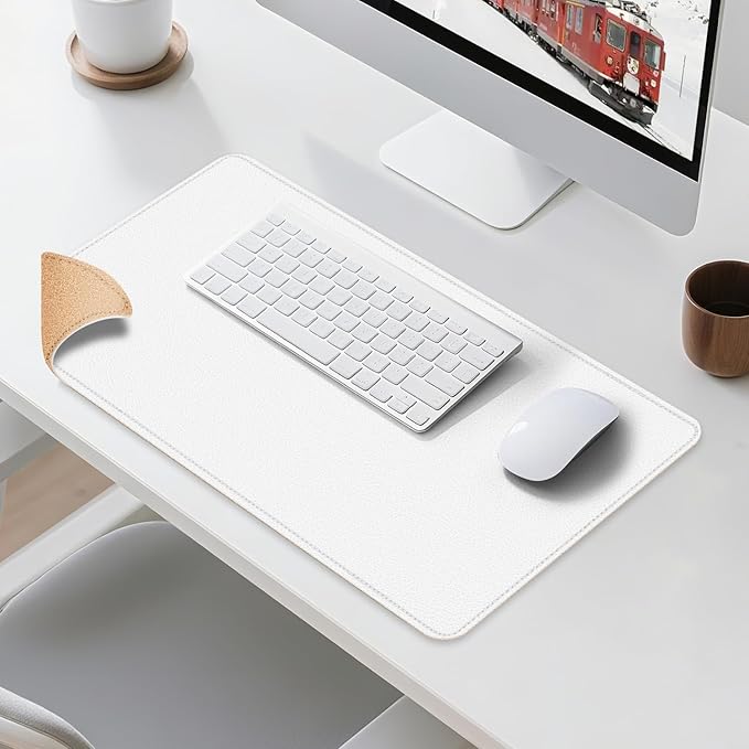 Leather Mouse Pad with Stitched Edge, Waterproof Gaming Mouse Mat for Computers, Laptop, Office & Home (White, 33"*13")
