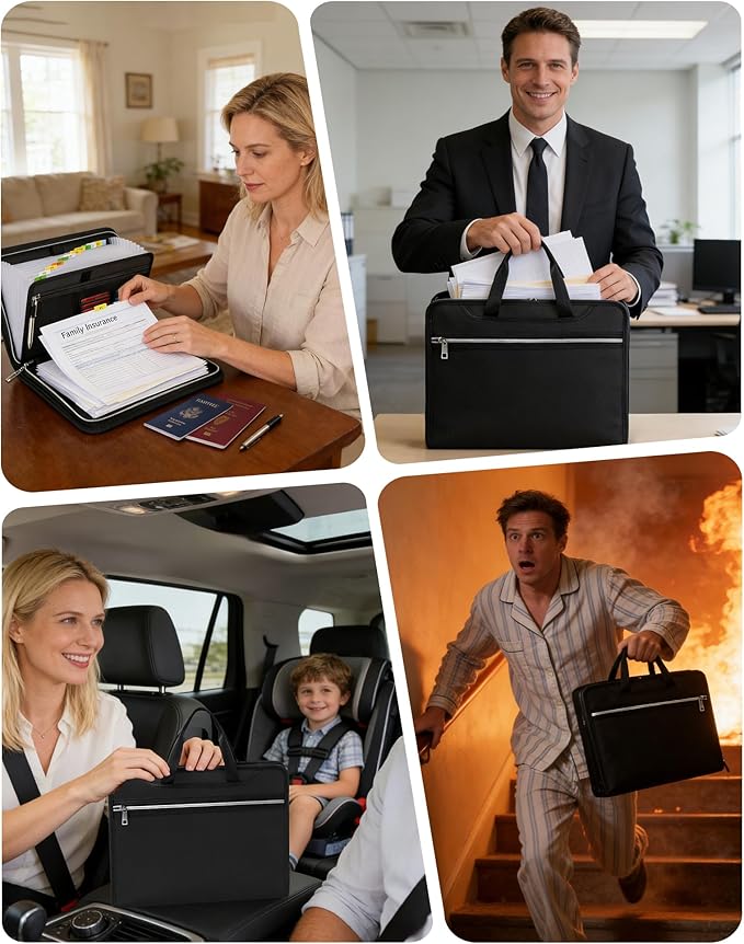 Fireproof Important Document Organizer Folio Folder - Expanding Accordion File Organizer with 13 Pockets, Handle & Labels, Portable Travel Safe for Home, A4, Letter, Portfolio Files