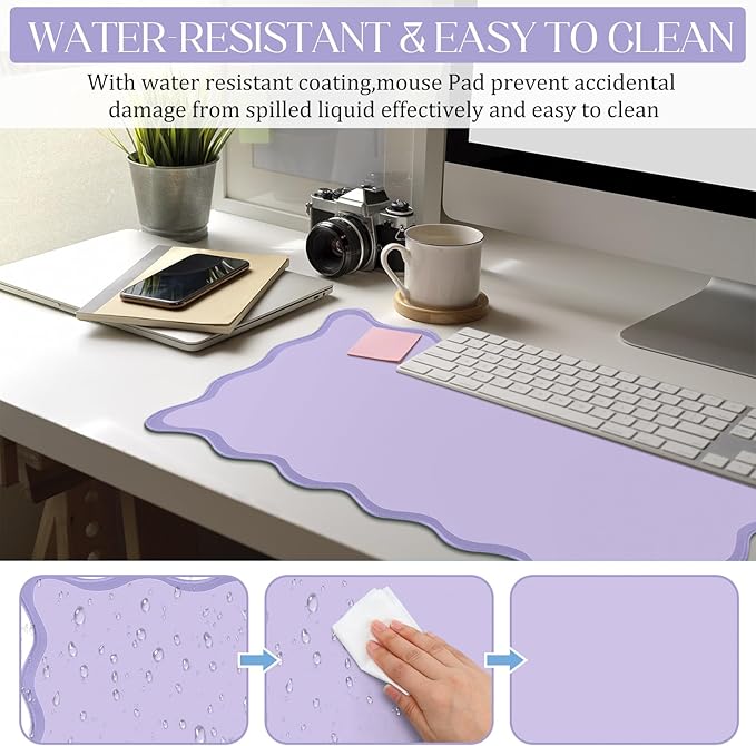 Hahafelt Scalloped Desk Mat Large Desk Pad Cute Coquette Table Mat Aesthetic Preppy Table Make up Pad Nonslip 2026 Graduation Gift with Stitching Waterproof Gaming(Purple,31.5 x 15.8 Inches)