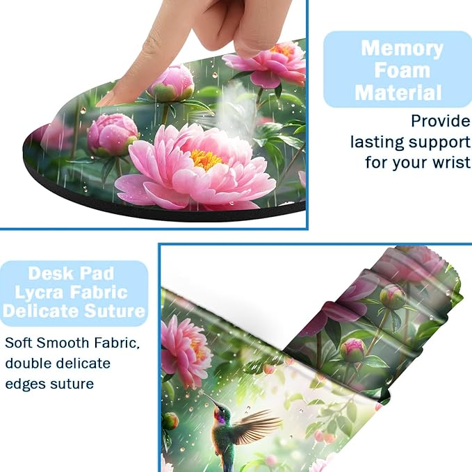 Ergonomic Mouse Pad Set with Wrist Support for Keyboard and Wrist Rest for Mouse, Memory Foam Comfort, Non-Slip Large Desk Mat for Home Office Pain Relief,Bird Pink Flower