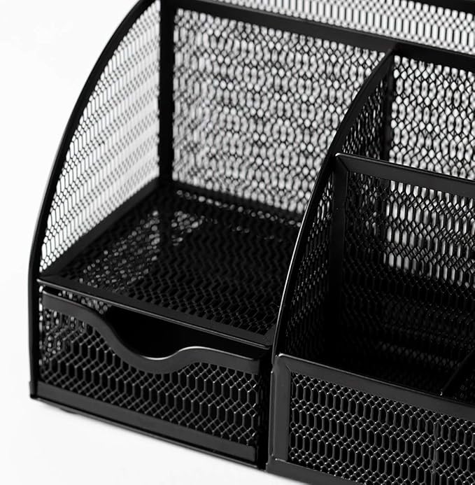 BLU MONACO Black Mesh Metal Desk Organizer and Accessories – 6 Compartments with Drawer