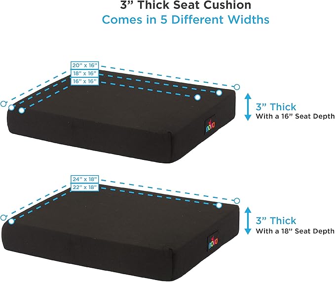 NOVA Medical Products Gel & Memory Foam Seat & Wheelchair Cushion in 8 Sizes (from 16” x 16” to 18” x 24” Extra Wide), Comfortable & Durable Everyday Seat Cushion with Removable Water Resistant Cover, 2” or 3” Thick, Black