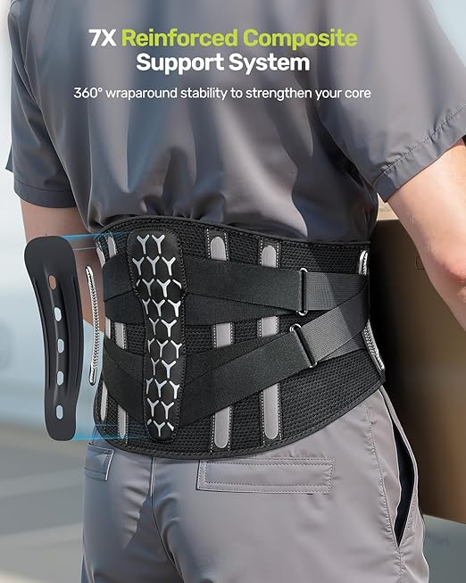 RAKIIE Back Brace for Lower Back Pain Relief for Women Men, Back Support Belt with 7 Stays for Lifting at Work, Breathable Soft Lumbar Support with 3D Support Removable Pad for Herniated Disc, Gray Size XXL (Waist: 51.2"-62.9")
