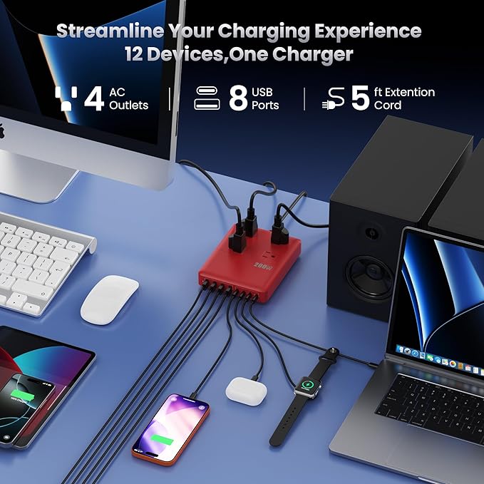 200W Charging Station,12-in-1 USB C Power Strip with Flat Plug and 5ft Extension Cord,4 AC Outlets,4 USB-A,4 USB-C Ports for iPhone 17/16/15,65W PD Fast Laptop Charger for MacBook,Home,Office (Red)