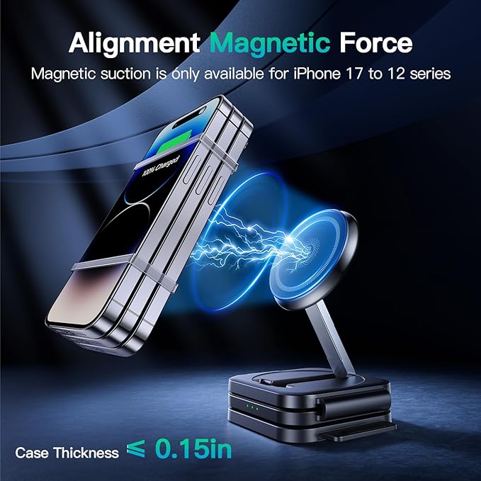 Travel Essentials for Apple Watch Charger,3 in 1 Charging Station for Apple Devices,Foldable Wireless Charging Station for iPhone 17/16/15/14/13/12, Apple Watch & AirPods with Magsafe Charger Stand