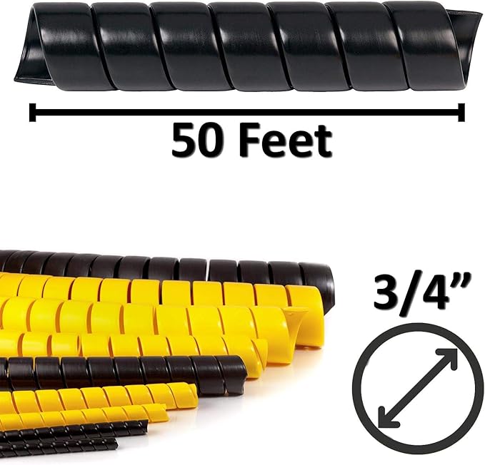 Electriduct 3/4 Inch Heavy Duty Spiral Wrap HDPE Flexible Plastic Cable Sleeve Hose Protector 50 Feet - Black