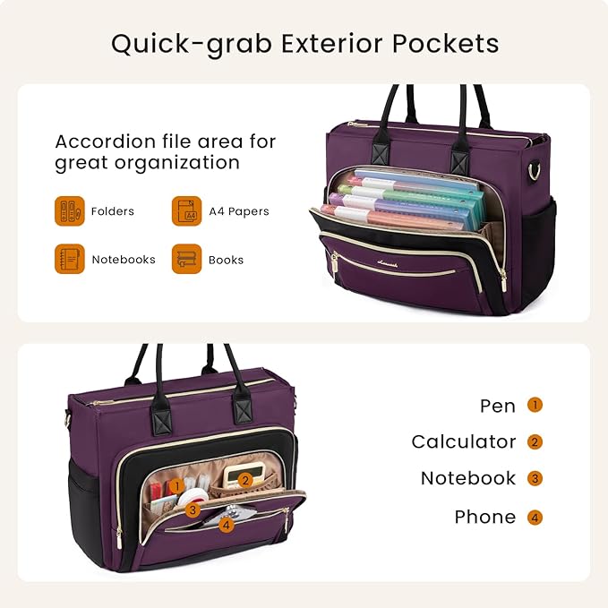 LOVEVOOK Teacher Tote Bag for Women,Laptop bag with Large Cup Holder,Work bag with Accordion File Organizer Pocket,Multi-Pockets Professional Diaper Bag Nurse Bag,Handbag Purse for Work,College,Daily
