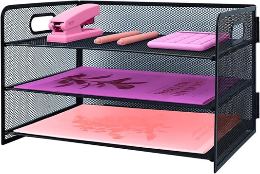 3 Tier Lettrer Tray Organizer with Handle, Metal Mesh Desk File Organizer with Sliding Trays, Paper Sorter Desk for Home Office School, Black