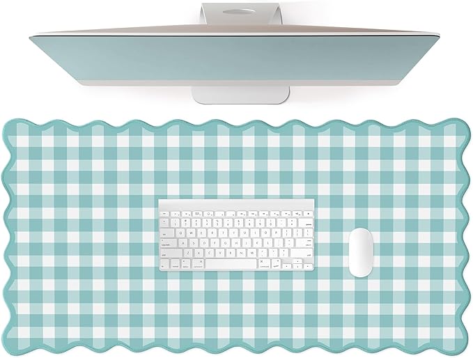 Scalloped‌ Teal Green Checkered Desk Mat Cute Pastel Large Gaming Mouse Pad Gingham Kawaii Cottagecore ‌Vintage‌ Girly Keyboard Computer Mat Aesthetic Desk Pad Accessories Office Decor for Women