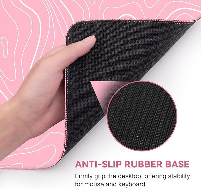DIGSOM Gaming Mouse Pad 31.5 x 11.8in Large Mouse Pad with Anti-Slip Rubber Base（Pink with White Topographic Line）