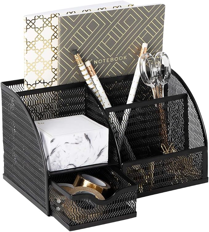 BLU MONACO Black Mesh Metal Desk Organizer and Accessories – 6 Compartments with Drawer
