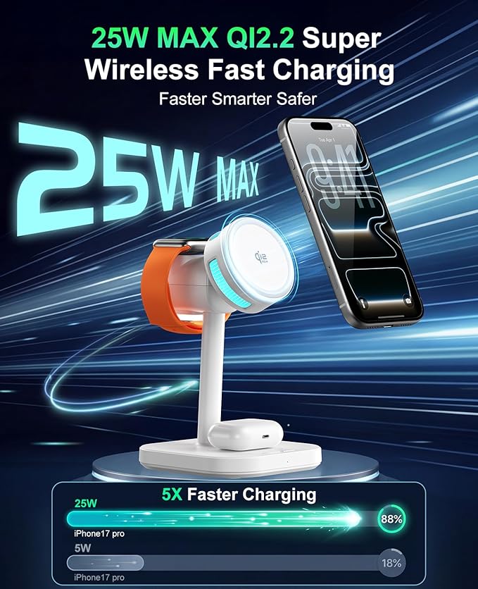 2026 New 25W Qi2.2 4-in-1 Charging Station with TEC Active Cooling and Night Light,Magnetic Fast Wireless Charger Stand for MagSafe Charger,iPhone17/16/15/14/13/12,Apple Watch,AirPods|Adapter Included