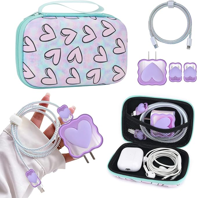 CameCosy Phone Charger Storage Case Set with Purple 3D love Heart Carrying Cover Bag kawaii Cute DIY Cable Protector charger accessories USB line Travel Cable Organizer,Compatible for iPhone
