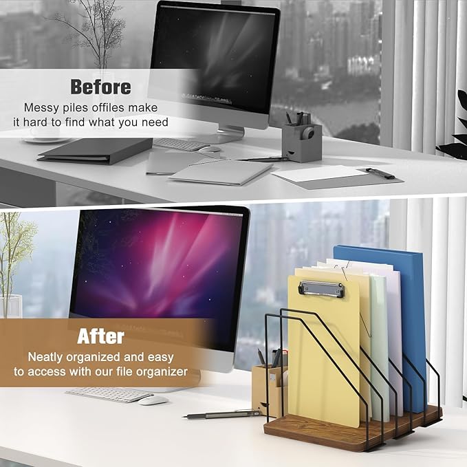 Inclined Desk File Organizer, 5-Section Vertical File Folder Holder, Desk Files Organizer Stand, Metal Files Sorter Rack Stand for Office Home School