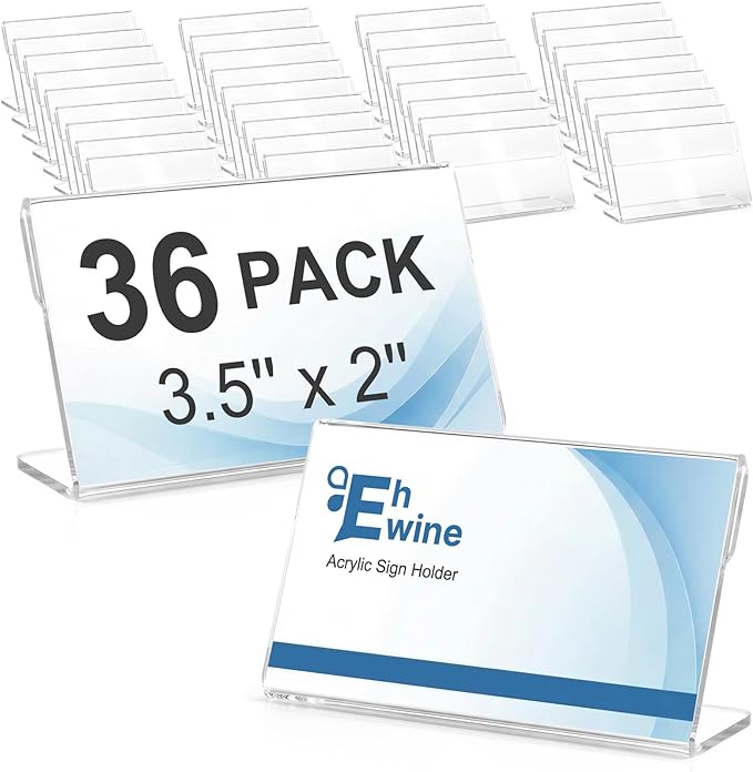 EHWINE 36 Pack Clear Acrylic Sign Holders, 3.5 x 2 Inch Slanted L-Shaped Name Tag & Price Label Display Stand for Restaurant Table, Retail Shelf, Office Desk, Trade Show
