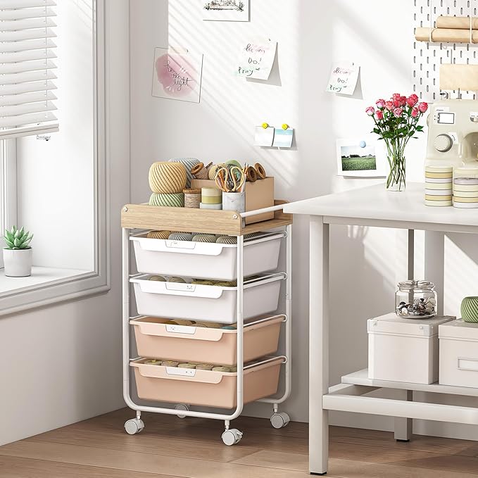 SYKIARIOL Rolling Storage Utility Cart with 4 Drawers,Kids Craft Art Cart,Makeup Organizer and Storage with Wooden Tabletop,Pearl