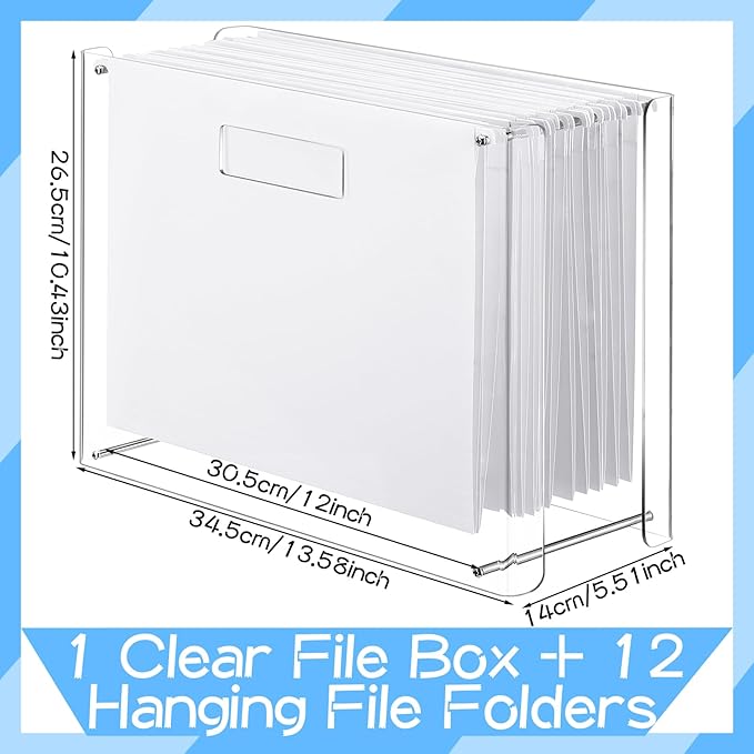 Dispowreath 12 Hanging File Folder with Acrylic Organizer for Desk Clear File Storage Box with Side Handles for Letter/ A4 Size 13.58'' x 5.5'' x 10.43'', Office Home Work Use