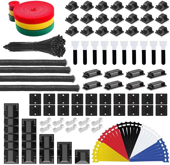 INCHOR Cable Management Kit 210 Pcs, 5 Cord Organizer for Desk, 28 Cable Clips, 100 Fastening Cable Ties, 4 Cable Sleeve Split, 10 Wire Organizers for Cords, 20 Zip Tie Mounts for Car Office Home