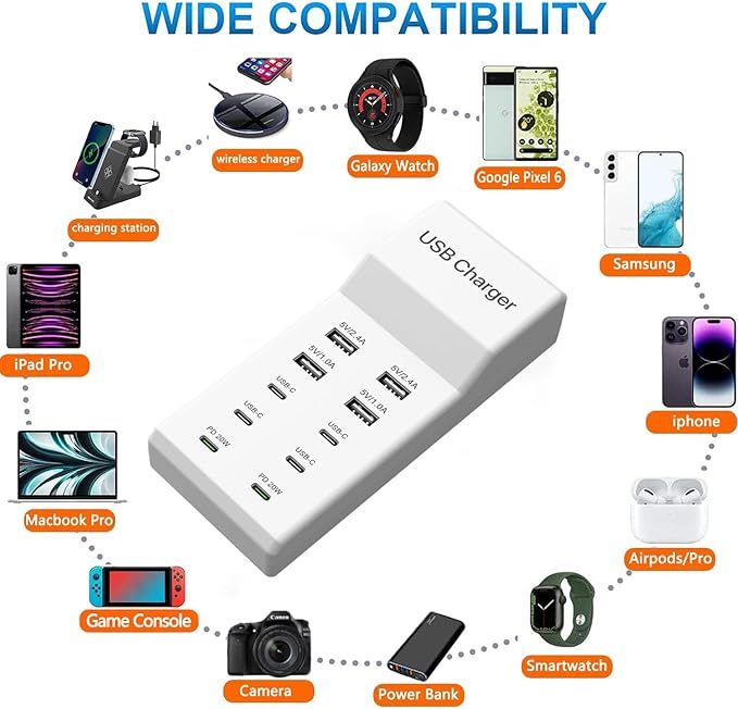 USB C Charging Station, 10 Ports USB C Charger Dock Desktop 100W Multi Port with PD Fast Charger, Compatible with iPhone 15/14/13/12/11/Pro/Pro Max/Samsung S23/S22/S21/Tablet/Watch/Headphones