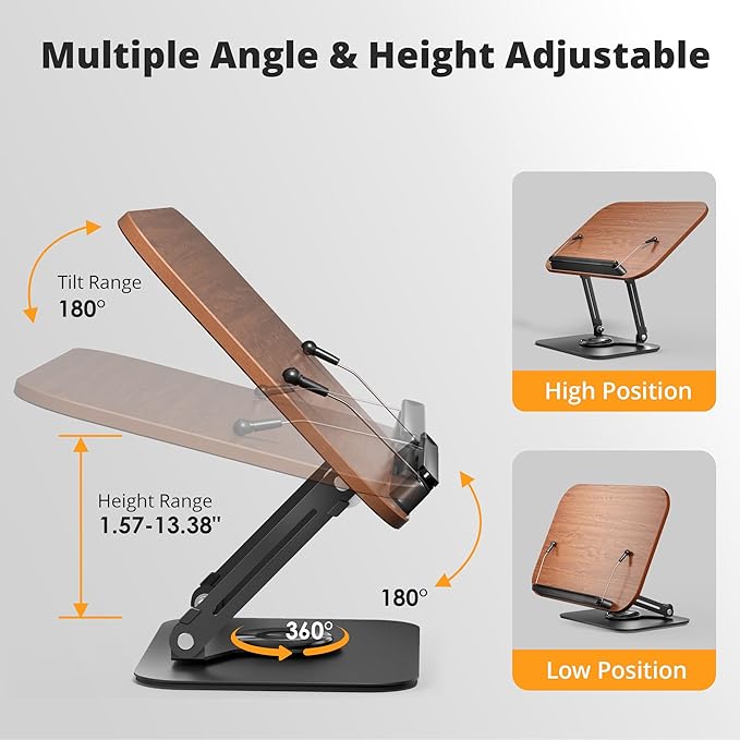 SupeDesk Book Stand for Reading, Adjustable Book Holder with 360° Rotating Bases, Foldable Designs, and Elastic Clips, Multifunctional Display Stand for Recipe, Cookbooks, Magazines, Tablets, Laptops