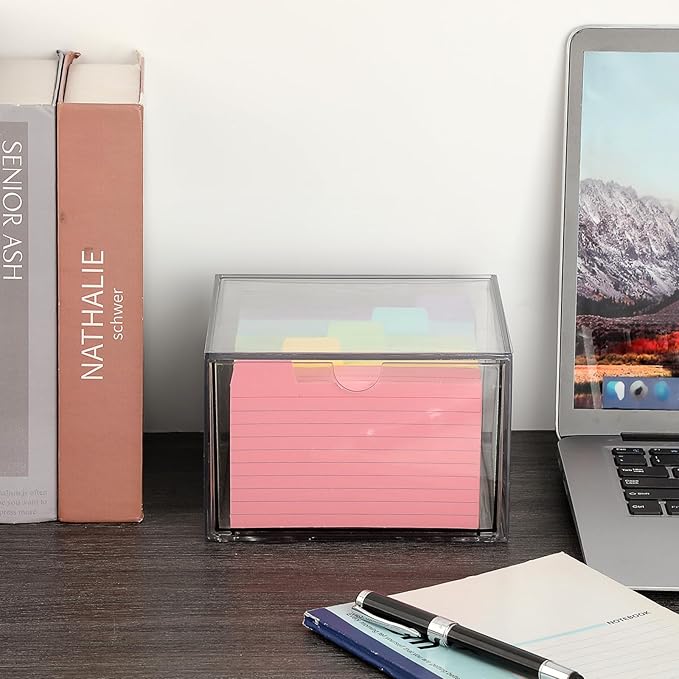 BTSKY Clear 3 x 5 Inch Index Card Storage Drawer Plastic Index Card Box for Office Desk Notecard Box Recipe Flashcards Holder , Recipe Notecard Storage Box Photo Holder Organizer