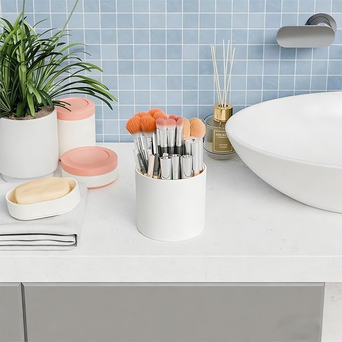 Yieach Rotating Acrylic Makeup Brush Holder for Vanity,Bathroom Countertop,Round Makeup Brushes Organizer,Spinning Cosmetic Brushes Holder,Make up Brush Storage and Office Desk Pen or Pencil Cup,White
