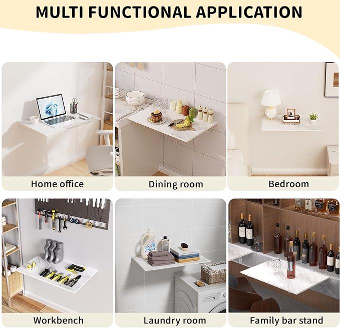 GOYLSER Wall Mounted Desk Folding Table Laundry Fold Table, White Marble Fold Down Work Bench, Foldable Mount Station for Floating Bar, Office, Dining Room, Kitchen, 35" x 20.5"