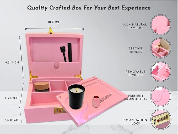 Smell Proof Stash Box with Lock & 5 Piece Accessory Kit – Pink Bamboo Organizer with Removable Tray – Large Odor Proof Storage Case for Home or Travel