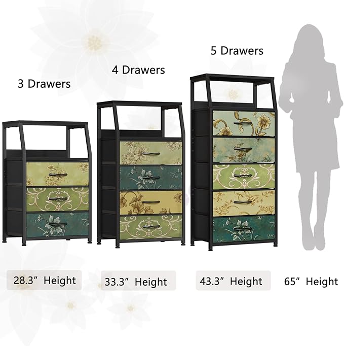 Furnulem Retro 5 Drawers Dresser, Tall Dressers for Bedroom, Closet, Hallway, Nursery, Fabric Storage Tower Organizer, Vertical Nightstand Side Table Furniture, Steel Frame, Wood Top