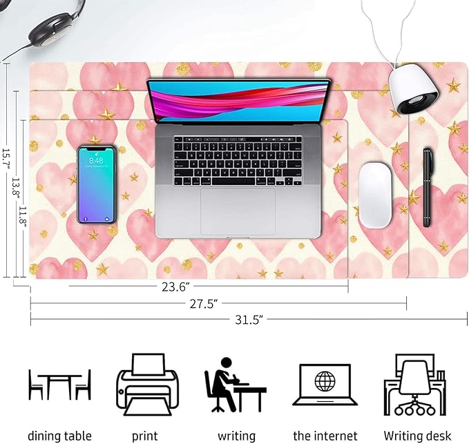 Peach Heart Mouse Pad PU Leather Pink Heart Desk Mat Large Waterproof Gaming Pad Non-Slip Keyboard Mouse Pad Writing Pad for Gamer Office&Home
