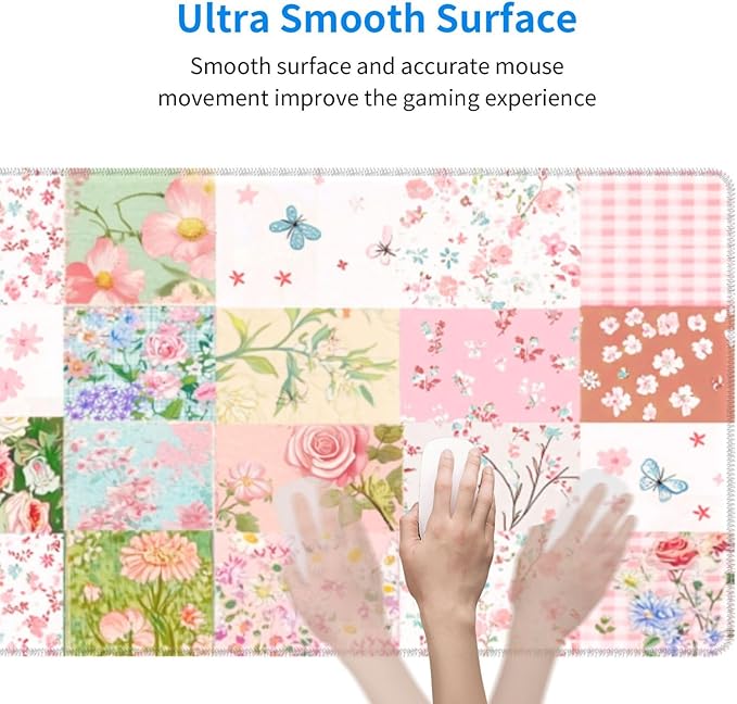 Patchwork Floral Mouse Pad 31.5 X 11.8 Inch Big Desk Rubber Base Stitched Edges Keyboard Pad XXL Mouse Mat for Home Game and Office