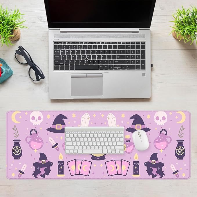 Cute Witch Desk Pad Mouse Pad Purple Cartoon Boho Magic Tarot Large Gaming Mouse Mat with Stitched Edges,Non-Slip Waterproof Rubber Base Mous Mat 31.5"x11.8"