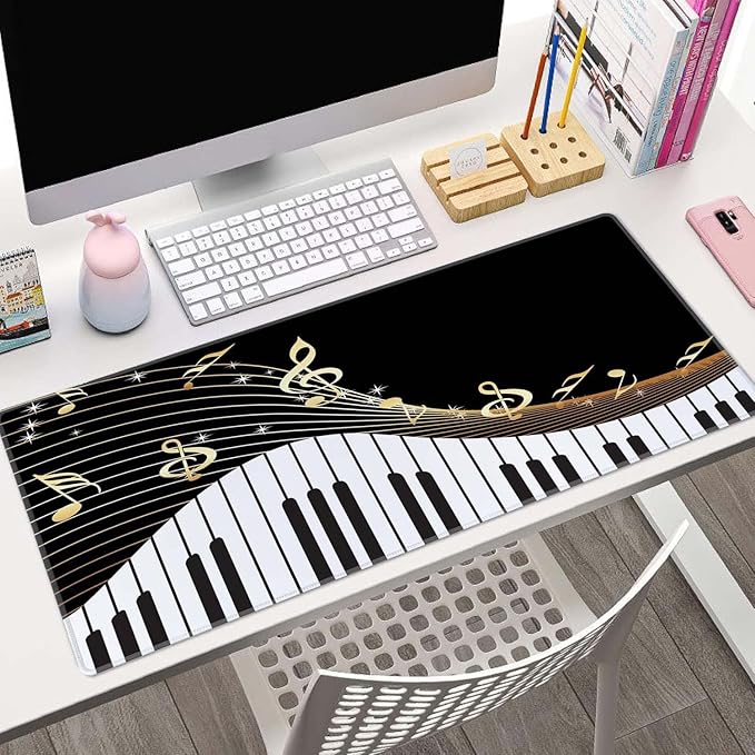 Extended Gaming Mouse Pad Big, Music Notes Long Mouse Pad Large, 31.5x11.8in Non-Slip Rubber Base Black Mousepad, Stitched Edges Keyboard Mouse Mat Desk Pad