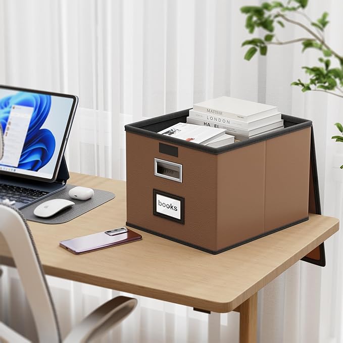 File Organizer Boxes with Lids, Collapsible Faux Leather Hanging File Folder Box Organizer with Plastic Slide, Decorative Home/Office Filing System Boxes for File and Folders Storage
