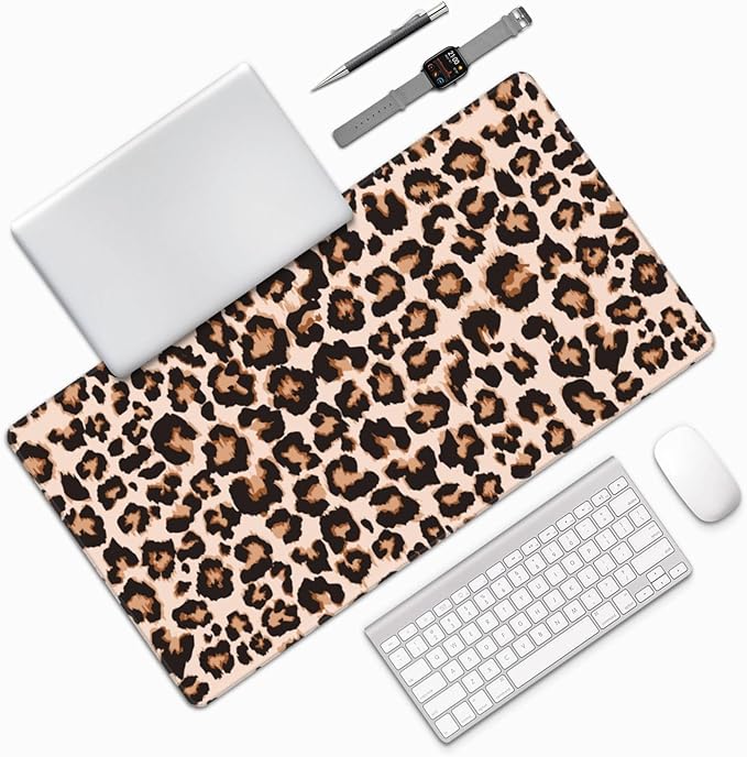 Leopard Print Large Mouse Pad & Desk Mat Cheetah Extended Mousepad with Stitched Edges Non-Slip Rubber Base Laptop Computer Keyboard Pad for Gaming, Office & Home Decor, XXL - 29.5" X 15.8"