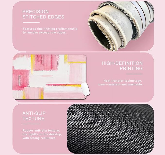 Pink and Gold Large Mousepad for Laptop, Abstract Art Desk Mat, Modern Pink and White Desk Pads, Non-Slip Rubber Base Desktop Mat, Computer Mouse Pad, 31.5 x 11.8 inch