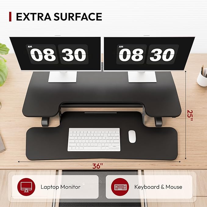 SANODESK 36" Standing Desk Converter, Adjustable Sit Stand Desk Riser with Effortless Lifting for Home Office, Standing Desk Topper for Dual Monitors, Computer Lift with Keyboard Tray, Black