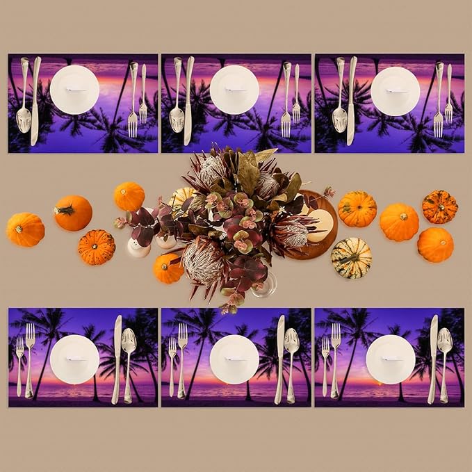 Placemats Set of 4 Heat-Resistant Rectangle Place Mats Beach Purple Sunset Washable Plastic PVC Dining Table Mat Non-Slip Wipeable Woven Vinyl Placemat for Kitchen Patio Table Decor