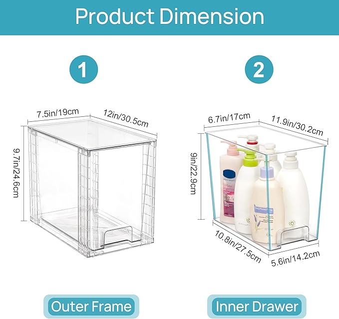 Vtopmart 2 Pack Clear Stackable Storage Drawers,9.7" High Plastic Organizers Bins for Skincare, Bathroom Supplies,Ideal for Cabinet,Undersink,Vanity,Kitchen,Pantry Organization