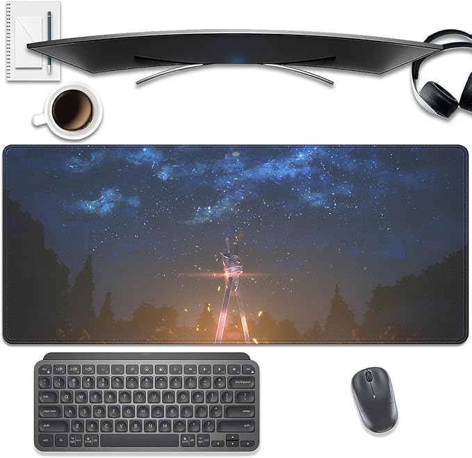 Sword of the Starry Night Mouse Pad Desk Pad, 27.5x11.8 in Extended Keyboard Mousepad with Stitched Edges, Waterproof Non-Slip Rubber Base for Office Computer Laptop Home