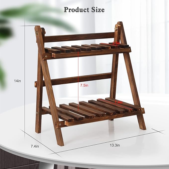 Jotsport 2 Tier Tabletop Plant Stand Step Style Desktop Storage Organizer Wood Display Shelf Decorative Storage Rack, Foldable Small Plant Shelf