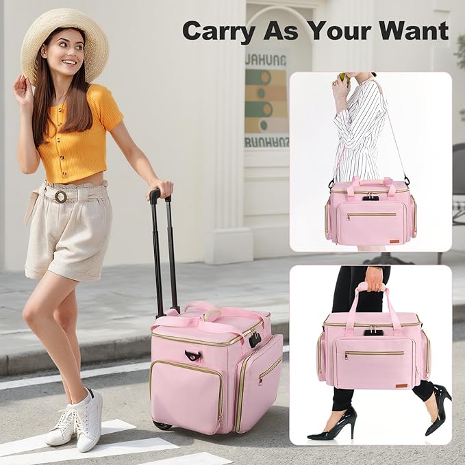 Housolution Rolling Teacher Bag with Wheels, Fits for 17" Laptop, Teacher Tote Bag with Detachable Trolley, Laptop Work Case with Anti Theft Lock, Briefcase Cart with Accordion File Organizer, Pink