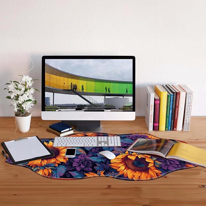 Large Gaming Mouse Pad for Desk,35.4 * 15.7in,Irregular Wavy Stitched Edges,XL Mousepad with Anti-Skid Rubber Base,Keyboard and Mouse Mat,Office Desk Writing Pad,Sunflower