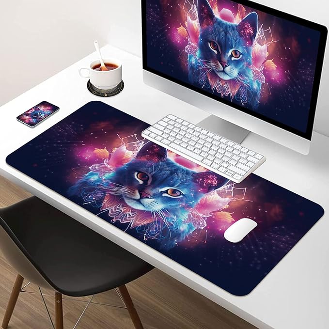 Leather Desk Mat 35.4" x 15.7", Desk Pad for Computer or Laptop, Computer Mat Mouse Pad for Keyboard or Mouse, Large Desk Mat for School, Office, Home (35.4" x 15.7", Cat)