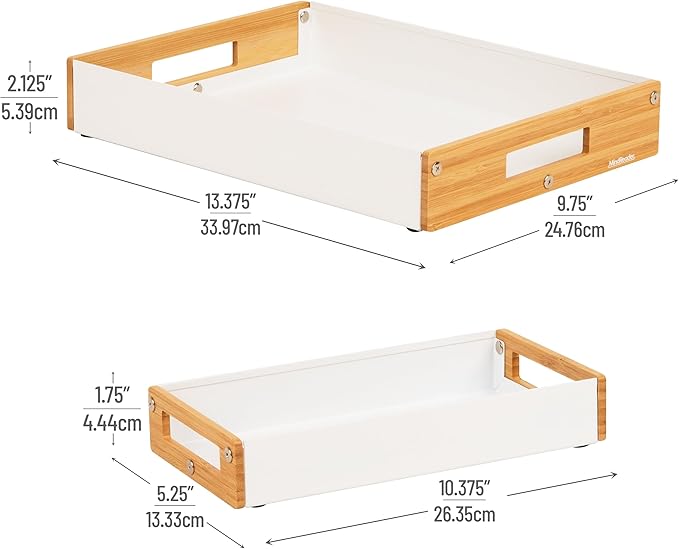 Mind Reader Metal and Wood Tiered Desktop Organizer Trays with Cutout Handles, Stackable Office Storage, Office, Entryway, Coffee Station and Home Organization, Metal and Wood, Set of 2, White