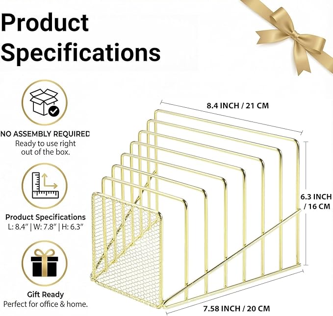 2 pcs Incline File Sorter, 7 Slot Magazine Holder for Letter, Document, Folder and Book, Metal Desktop Organizer Rack for Home, School and Office (2-gold)
