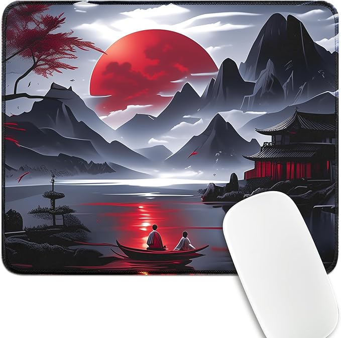 FreeNook Small Gaming Mouse Pad, Anime Black Mousepad with Stitched Edges, Expanded Cool Desk Mat, Japanese Red Moon Keyboard Mat Suitable for Home Office,10.2 X 8.3 Inch