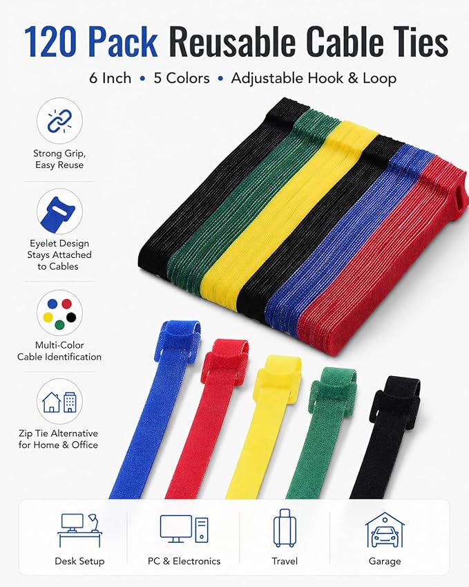 120 Pack Reusable Cable Ties 6 Inch – Multi-Color Hook and Loop Cord Ties for Wire Management – Color-Coded Cable Straps for Electronics, PC, Desk & Gaming Setup