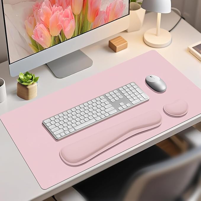 Desk Mat Set， Wrist Rest for Computer Keyboard, 3-in-1 Large Mouse Pad and Keyboard Wrist Rest Set, Non-Slip Desk Mat Protector for Office, Home(27.5×13.8 Inches, Pink)