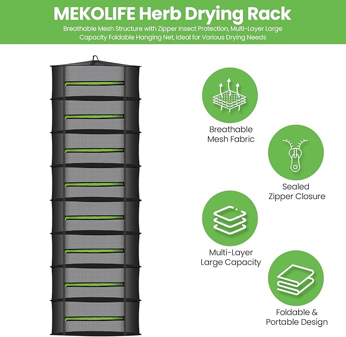 MEKOLIFE Herb Drying Rack Hanging-8 Layer, Collapsible Large Capacity Mesh Net with Green Zipper, Hooks & Bonus Garden Scissors, for Fresh Herbs/Flowers/Plants, Indoor Outdoor Use (23.62")